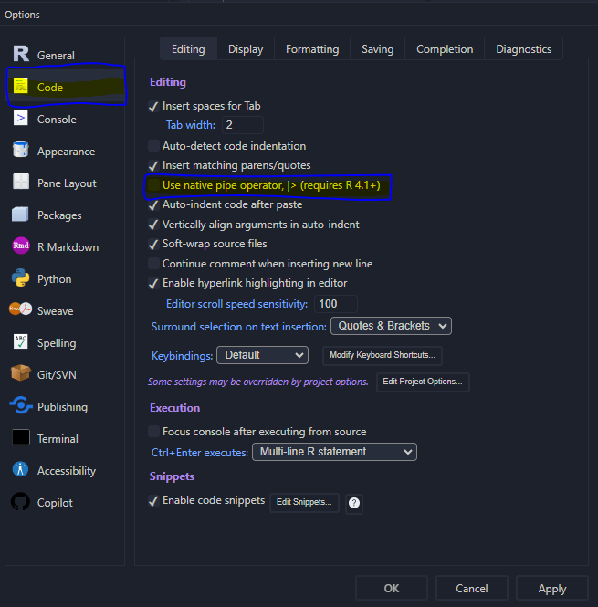 Pipe operator setup within the Rstudio Options.