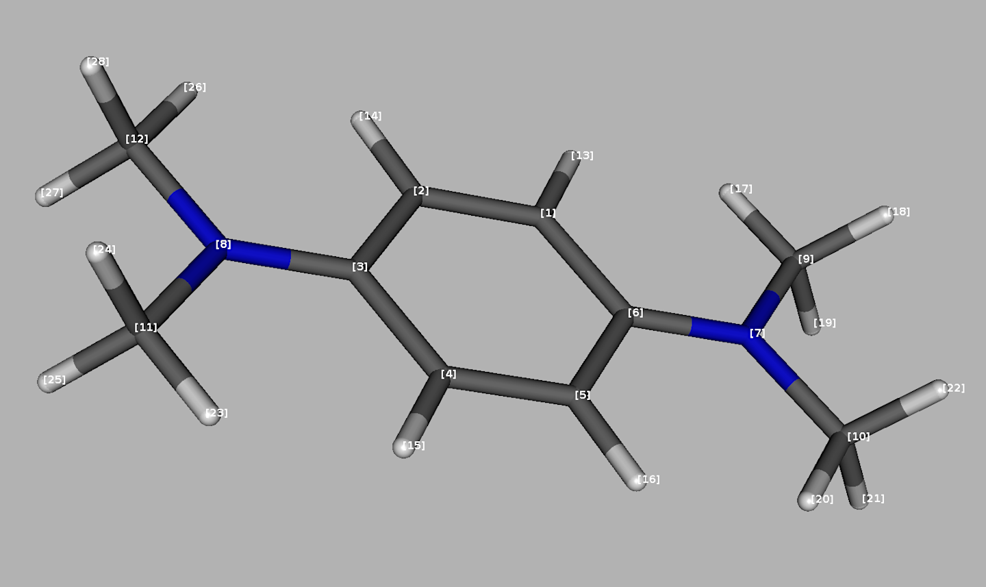 DFT optimized structure of TMPD radical cation with atom numbering inherited from the Gaussian 16 output file.